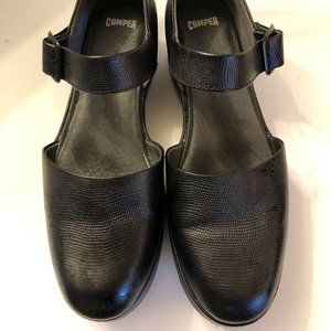 Camper Dessa Black Leather Wedge Mary Janes